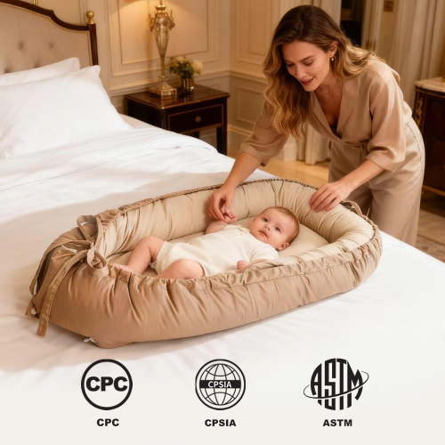 Portable Breathable Cotton Safety Standards Baby Lounger, Light brown
