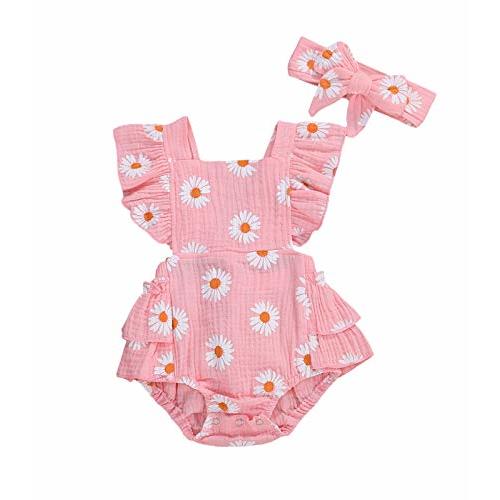 Baby Girls Floral Cotton Leotard Romper Newborn Daisy Playsuits Ruffled Sleeve Onesie Infant Jumpsuit Clothes Headband