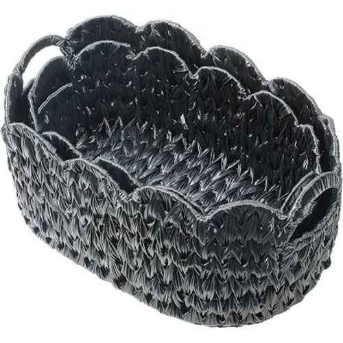 Coeusy Wicker Scalloped Basket Set of 2,Woven Storage Baskets for Shelves,Closet,Laundry,Gift,Towels,Books,Toys,Waterproof Decor Basket for Organizing,Black Oval