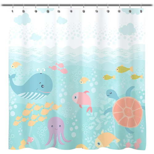Lovely Cartoon Baby Shower Curtain, Sea Creatures Light Blue Fabric Shower Curtain for Kids, Whale Turtle and Fish Ocean Theme Bathroom Decor Curtain for Children, Girls and Boys