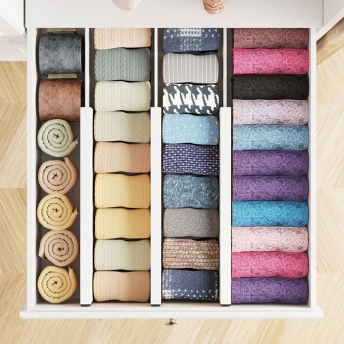 Set of 6 Bamboo Dresser Drawer Dividers: Adjustable from 12.5” to 17”, 4.66” High, White