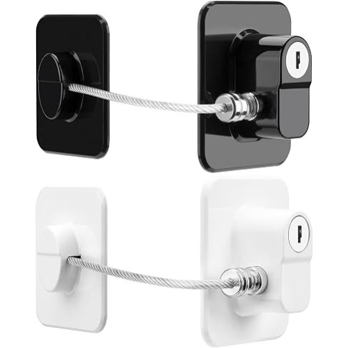 Fridge Lock, 2PCS Upgraded Refrigerator Lock for Freezer, Cabinets and Drawers, Air Fryer, Closets, Windows, Doors, Durable ABS with Adhesive Backing, Easy Install, No Tools Needed, Black & White
