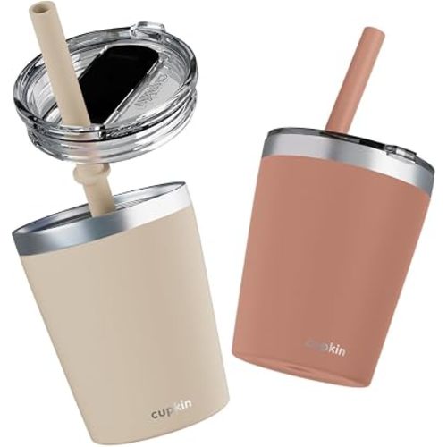 CUPKIN Toddler Straw Cup, The Original 8 oz Stackable Stainless Steel Toddler Cups, Set of 2 Powder Coated Insulated Kids Straw Cups + BPA Free Lids + Reusable Silicone Straws (Brown + Peach)