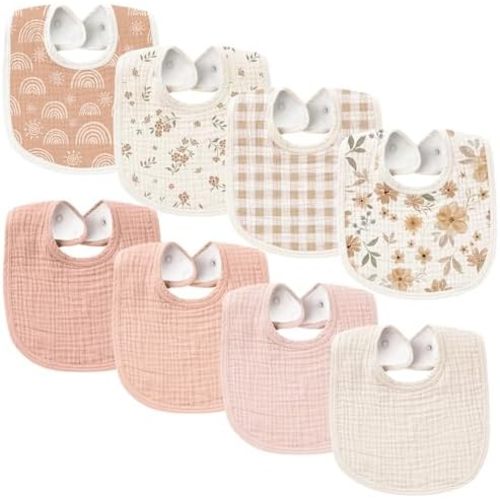 Konssy 8-Pack Muslin Baby Bibs, Adjustable Fit for Drooling and Teething