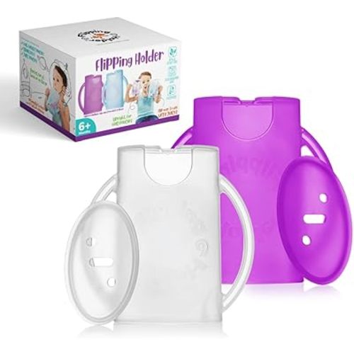 Flipping Holder Squeeze Proof Food Pouch Holder for Toddlers, Babies, Kids, Mess Free No Squeeze Juice Box Drink and Applesauce Snack Holder with Easy Grip Handles and Lid