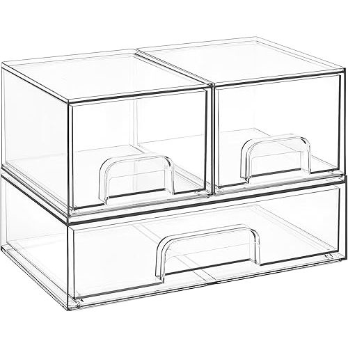 Vtopmart Stackable Storage Drawers Set of 3,Clear Plastic Organizer Bins for Makeup, Cosmetics, Beauty Supplies,Ideal for Vanity, Bathroom,Cabinet,Pantry Organization