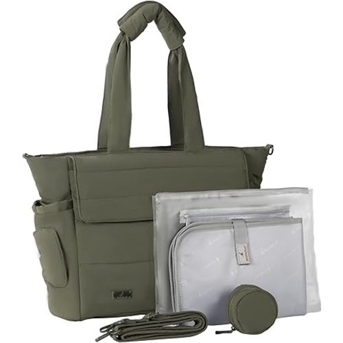 BabbleRoo Flo Tote Diaper Bag, 14-Pocket Cloud-Soft Puffer Newborn Bag for Parents, 14-Inch Laptop Sleeve, 3 Insulated Bottle Slots, Wet Pouch, Luggage Strap, Changing mat, Hidden Pocket,Seaweed Green