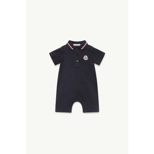 Navy Blue Tricolor-Trimmed Cotton Piquet Baby Romper - Clothing for Children | Moncler US