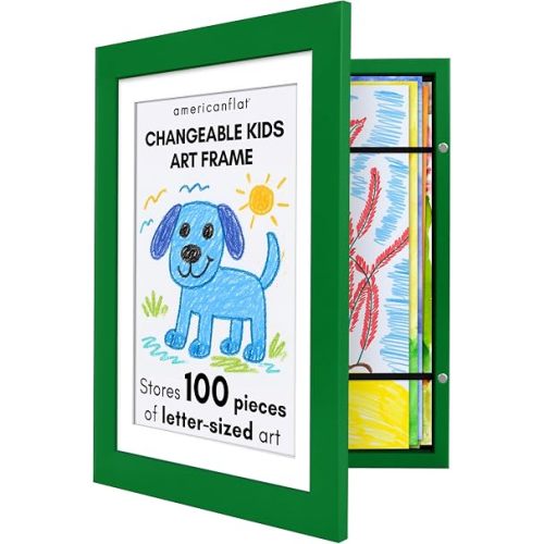 Americanflat Kids Artwork Frame Changeable (Shamrock Green) - Magnetic Door Holds 100 Art Pieces - 8.5x11 Letter Size Display with Mat or 10x12.5 Without Mat - My Mini Masterpiece