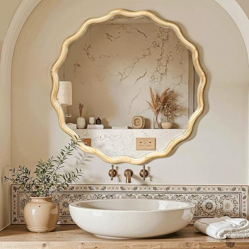 Circle Wood Mirrors for Wall, Wavy Round Bathroom Scalloped Mirror Wooden Frame 28 Inch for Living Room Farmhouse Bedroom Hallway Entryway Living Room with Shatterproof Glass Wall Mounted