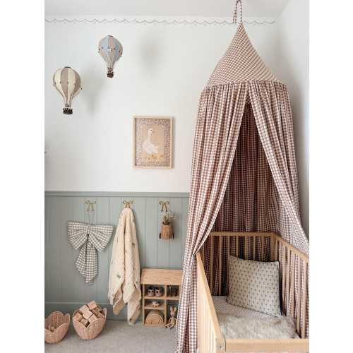 Gingham Bed Canopy: Teddy Bear Brown Checkered Cotton Canopy - Kids Decor