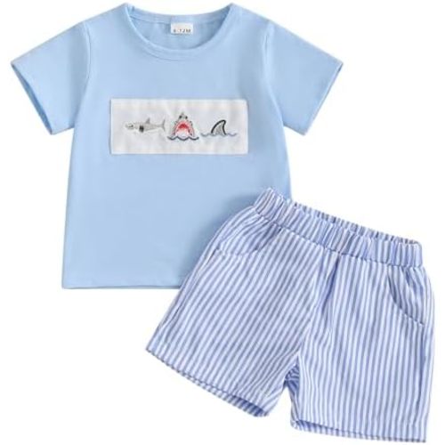 Toddler Baby Boy Summer Clothes Embroidery Smocked Short Sleeve T-shirt Elastic Waist Shorts Summer Outfit Set