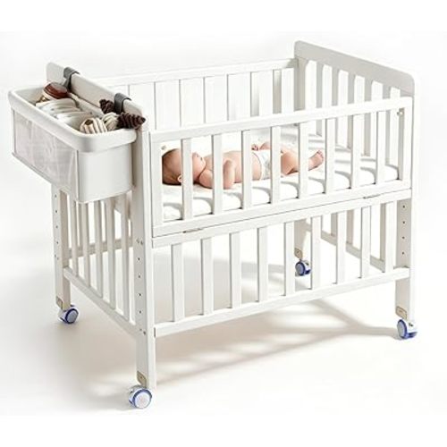 Wood Baby Bassinets Bedside Sleeper, Portable 6 Heights Baby Bassinet with Breathable Mattress, Space-Saving Design Baby Crib with Storage Basket, Mini Crib with Wheels for Newborn 0-12 Months, White