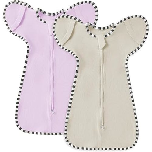 Soft Cotton Swaddle Blanket, Arms Up Baby Sleep Transitional Swaddle Sack Wearable Sleeping Bag for Boy Girl (Purple + Grey, M(3-6 Months))