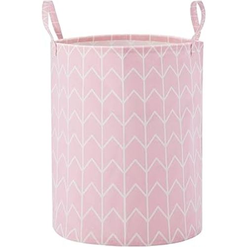 TECHMILLY Large Storage Basket for Girls and Boys, Collapsible Laundry Hamper with Long Handles, Toy Bins for Nursery, Kids Room Décor Pink Geometry