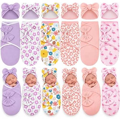Ramede 6 Pack Baby Swaddle Blankets with Hats,Bow,Pink
