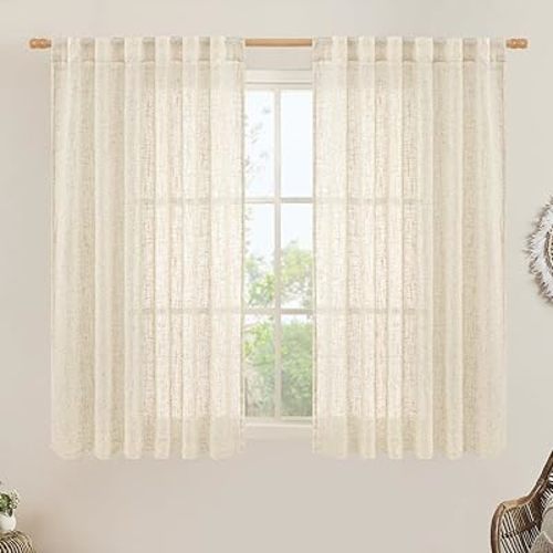 LAMIT Semi Sheer Linen Curtains 54 Inch Length 2 Panels, Beige Light Filtering Panels Back Tab and Rod Pocket Neutral Drapes for Kitchen/Window/Dining Room, 52 x 54 Inch