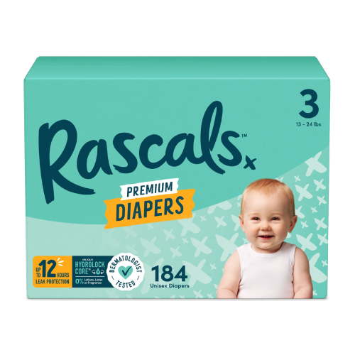 Rascals Premium Absorbent Baby Diapers Size 3, 184 Count