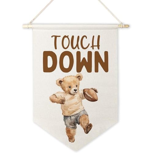 ArtisaEura Bear Nursery Football Wall Canvas Banners, Bear Nursery Decor, Touch Down Football Hanging Display Pennant Banner Flags, Cute Animals Wall Decor for Kids Room Bedroom Playroom