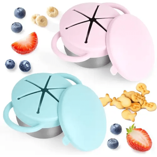 Daximo 2 Pack Snack Cups for Toddlers Spill Proof - Detachable Stainless Steel Toddler Snack Cups with Silicone Lids & Handles - Dishwasher Safe Baby Snack Containers (Light blue and Light pink)