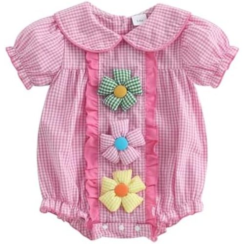 FYBITBO Newborn Baby Girl Clothes Flower Embroidery Smocked Bubble Romper Short Sleeve Plaid Bodysuit Infant Summer Outfit