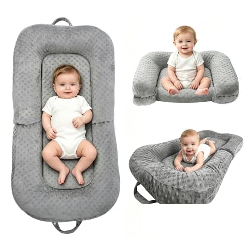 Baby Lounger for Newborn,0-12 Months,Foldable Soft Infant Lounger Pillow for Home and Travel, Baby Nest Lounger with Cover,Multi-Use Portable Baby Lounger for Supervised Play&Tummy Time, Grey