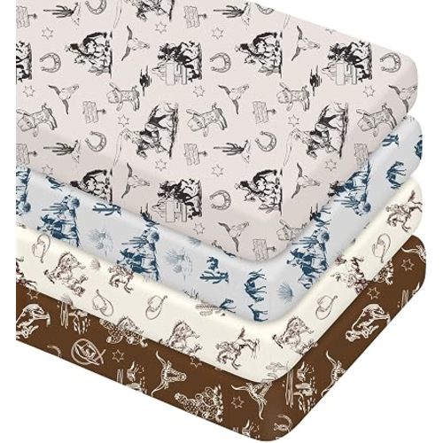 Vitalcozy 4 Pcs Vintage Western Cowboy Crib Sheet for Nursery Decor | Fits 52x28x8 Inch Mattresses, Nursery Bedding Newborns Toddlers, Elastic Corners, Perfect Baby Shower Gifts Girls Boys