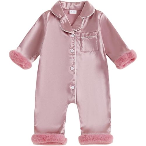 Multitrust Newborn Baby Girl Boy Silk Pajamas Long Sleeve Button Down Satin Infant Pjs One Piece Jumpsuit Loungewear