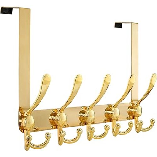 Dseap Over Door Hook 2.0 - Upgraded Version - Simple-Assembly, Strong, Heavy-Duty Stainless Steel 5-Tri-Hook Over The Door Hanger Rack, SimpleStrong Series, Gold