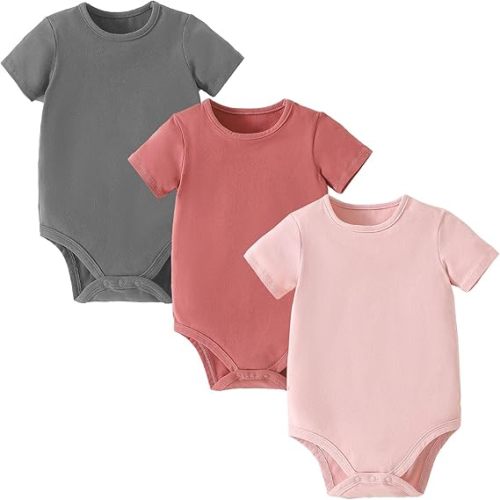 ROMPERINBOX Baby Girl Short Sleeve Onsies, 3 Pack Multi Colors Baby Bodysuit, Knitted Solid, Crew Neck 0-24 Months
