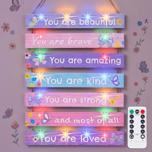 FIOBEE Girls Room Decor LED Light Wood Wall Motivational Sign Art for Kids | Bedroom Wall Art Decor, Inspirational Sayings, 8 Modes Glowing Lightup, Princess Posters, Studyroom Decoration