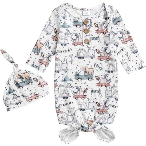 Newborn Baby Boys Girls Cartoon Sleeper Gown Long Sleeve Mountain Nightgown Hat Outfits
