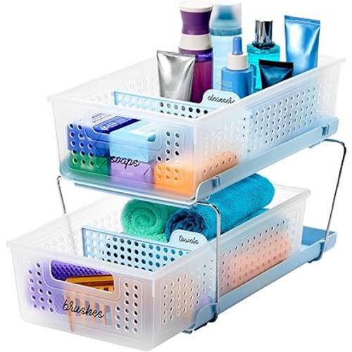 madesmart 2-Tier Organizer, Multi-Purpose Slide-Out Storage with Handles and Dividers for Home and Bath, Easy Assembly, BPA Free, Blue