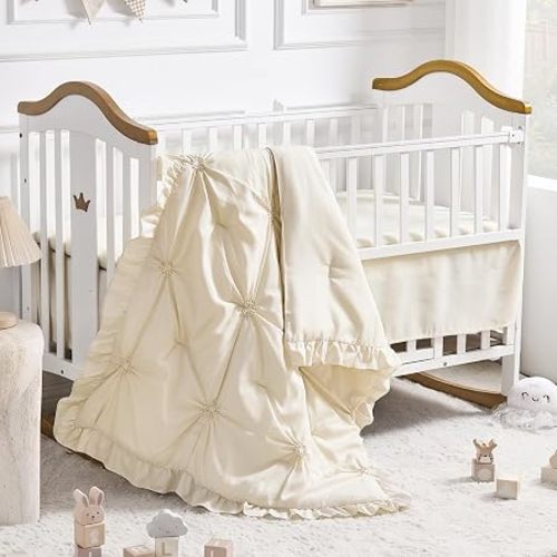 Princess Crib Bedding Set for Girls, 3 Piece Pintuck Baby Crib Bedding Set | Beige Pintuck Ruffles, Newborn, Infant & Nursery with Boho Crib Comforter, Crib Fitted Sheet and Crib Skirt