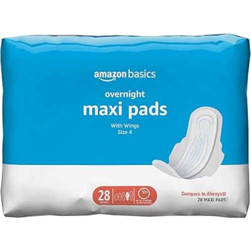 Amazon Basics Thick Maxi Pads with Wings for Periods, Overnight Absorbency, Leak Protection, Super Absorbent, Unscented, Size 4, 28 Count (Previously Solimo)