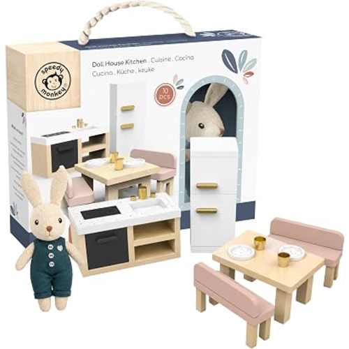 SPEEDY MONKEY Doll House Kitchen Playset with Bunny – Miniature FSC Wooden Kitchen Furniture Set – Dining Table, 4 Chairs, Fridge & Accessories – Pretend Play Doll House Decor Toy for Kids & Girls