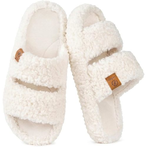 EverFoams Womens Fuzzy Open-toe Slippers Soft Comfy Memory Foam Indoor House Shoes Vanilla Ice,9-10 US