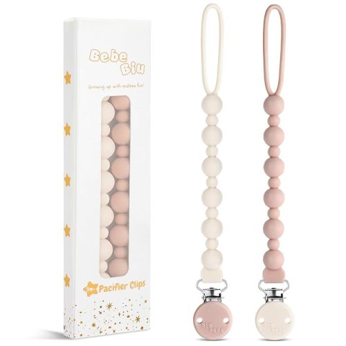2 Pack Pacifier Clips, One-Piece Silicone Pacifier Clip, 100% Food-Grade Silicone Pacifier Holder (Cream/Blush)