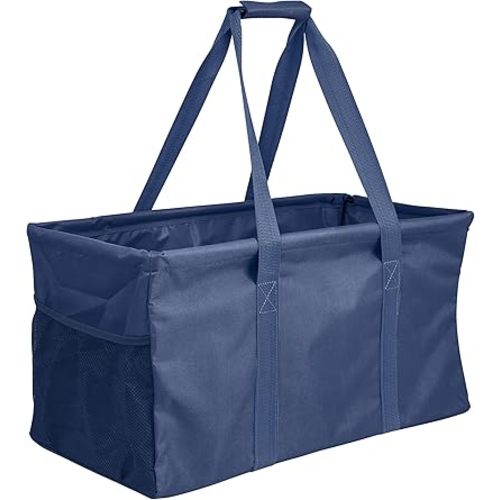 Lucazzi Extra Large Utility Tote Bag - Oversized Collapsible Reusable Wire Frame Rectangular Canvas Basket With Two Exterior Pockets For Beach, Pool, Laundry, Car Trunk, Storage - Navy Blue