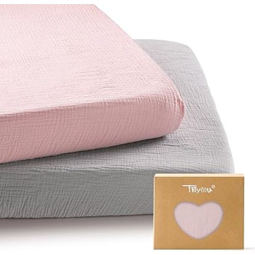 TILLYOU Muslin Mini Crib Sheets 2 Pack, Pack and Play Mattress Sheets Fitted for Pack N Play, 38 x 26 Sheet for Toddler, Grey and Pink