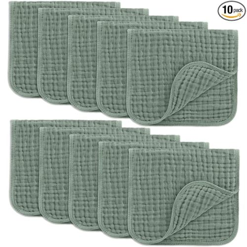 Comfy Cubs Muslin Burp Cloths 20" x 10", Pack of 10 - Large, 6-Layer, Ultra Absorbent 100% Cotton for Baby Drool and Messes - Soft, Safe & Gentle Baby Burp Cloths for Boys & Girls - Fern