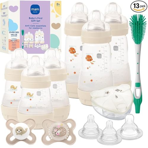 MAM Newborn Essentials Anti-Colic Baby Bottle & Pacifier Set 6 Easy Start Bottles (5oz & 9oz) 8 SkinSoft Nipples (Slow–X-Fast Flow) | Self-Sterilizing, Glow in The Dark Pacifiers & Brush