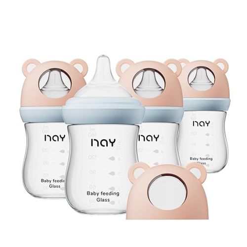 yanyoyo Natural Glass Baby Bottle for Breastfeeding Babies, 5.4oz Anti-Colic Baby Bottle with Natural Response Nipple(S), Clear, Wide Neck, 4 Pack, 1 Months+