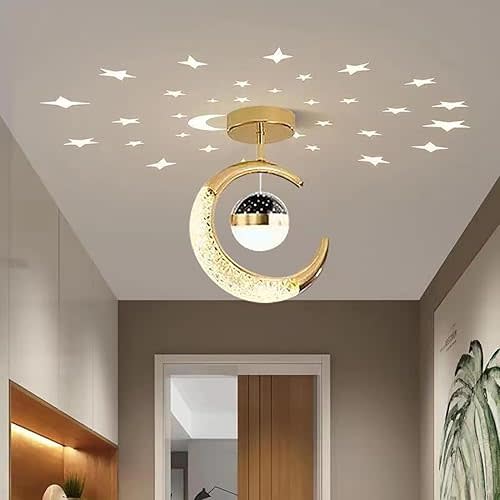LED Semi Flush Mount Ceiling Light Starry Sky Design Gold Ceiling Light with Moon Acrylic Shade,Modern Dimmable Ceiling Hanging Light Fixture for Kids Room Bedroom Dining Room,3-Color Mode