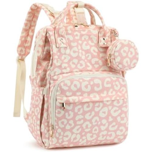 Corduroy Diaper Bag Backpack, Large Capacity Multifunction Baby Diaper Bags for Women, Insulated Bottle Pockets & Pacifier Case, Stylish Travel Nappy Changing Bags for Mom Dad (Leopard Pink)