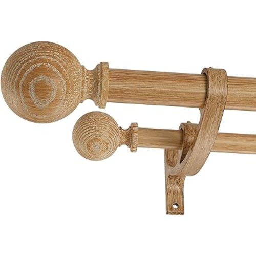 Double Wood Curtain Rods for Windows 36 to 72 Inches,1 Inch Front and 5/8 Inch Back Farmhouse Wooden Curtain Rod with Imitation Wood Grain Ball Finials and Double Aluminum Bracket,Light Wood Grain
