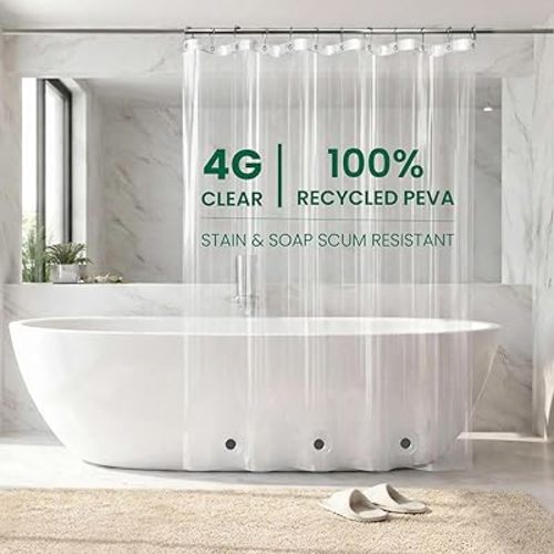 Bowery Home NOT Made in China Eco-Friendly Recycled PEVA Shower Curtain Liner – Waterproof, Sustainable, Non-Toxic Shower Curtain Liner, with Rust-Proof Grommets, 72x72IN, 4G – Clear