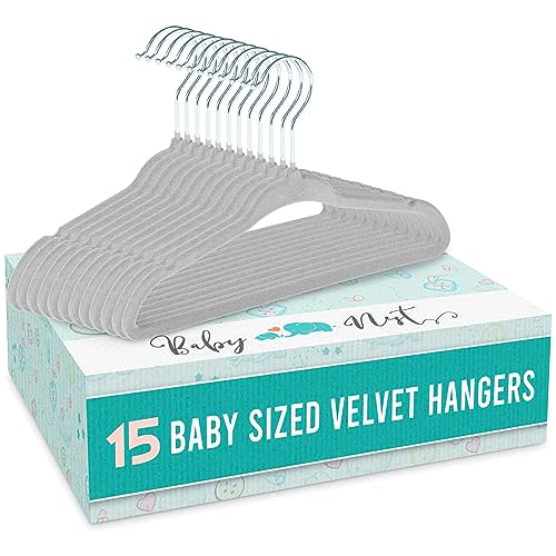 Baby Nest Designs Kids Plastic Velvet Hangers for Closet, Children Non-Slip Hangers Dividers for Nursery Closet Organizer, Grey - Pack of 15