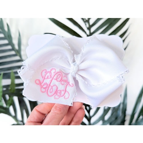 Pink Newborn Bow - Monogram Boutique Hair bow with Lace Trim Custom Baby Girl Accessory