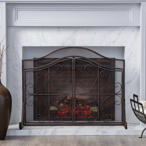 Millwood Pines Contemporary Fire Screen, Iron, Hand-Crafted, 31.57" H X 43.25" W, Copper Fireplace 2 Doors, Finish | Wayfair